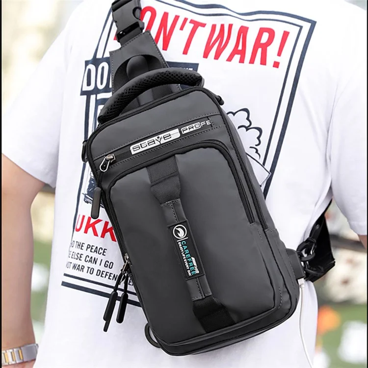 HAOSHUAI 1100-1# Grand sac banane pour hommes en nylon Sac à bandoulière avec port de charge USB externe - Gris