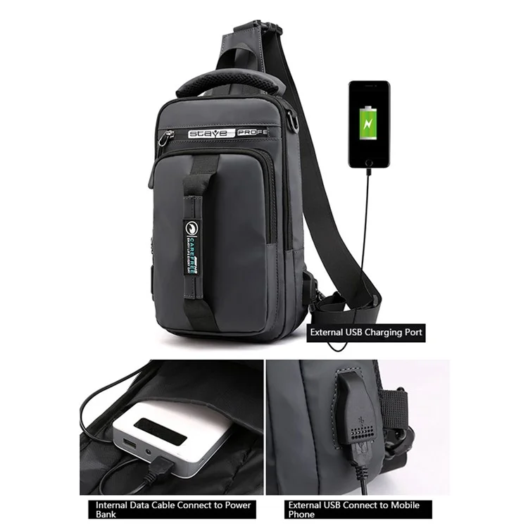 HAOSHUAI 1100-1# Grand sac banane pour hommes en nylon Sac à bandoulière avec port de charge USB externe - Gris
