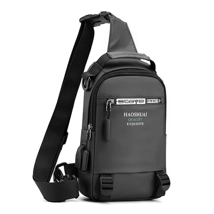 HAOSHUAI 1100-12# Sac de poitrine pour homme, grand sac à dos en nylon avec port de charge USB externe - Gris