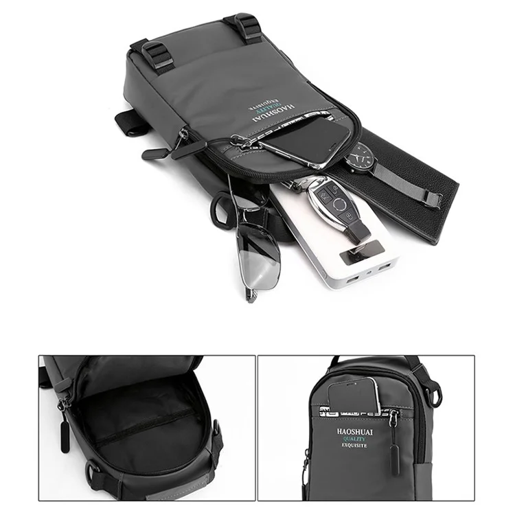 HAOSHUAI 1100-12# Sac de poitrine pour homme, grand sac à dos en nylon avec port de charge USB externe - Gris