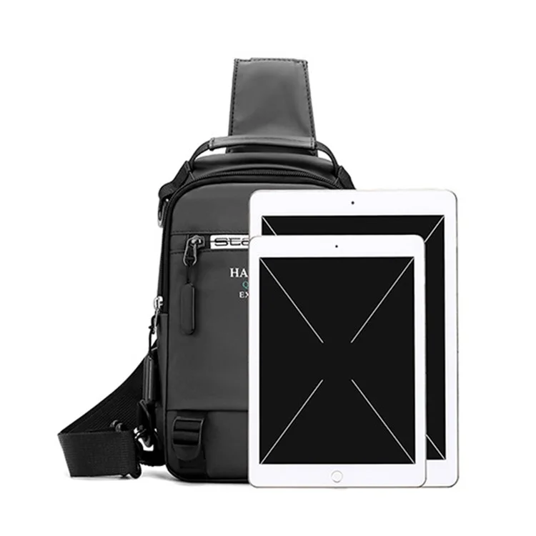 HAOSHUAI 1100-12# Sac de poitrine pour homme, grand sac à dos en nylon avec port de charge USB externe - Gris