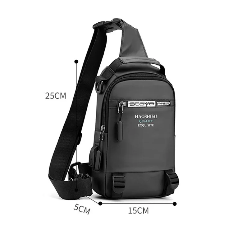 HAOSHUAI 1100-12# Sac de poitrine pour homme, grand sac à dos en nylon avec port de charge USB externe - Gris