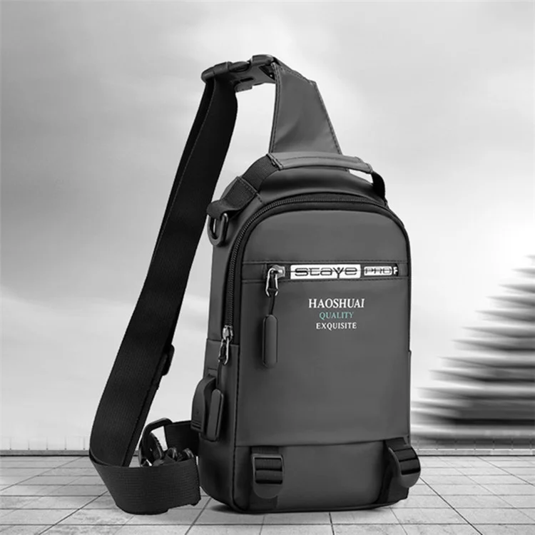HAOSHUAI 1100-12# Sac de poitrine pour homme, grand sac à dos en nylon avec port de charge USB externe - Gris
