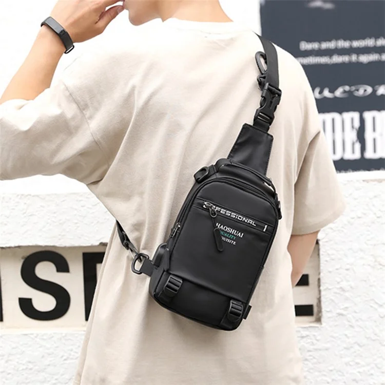 HAOSHUAI 1100-12# Sac de poitrine pour homme, grand sac à dos en nylon avec port de charge USB externe - Gris