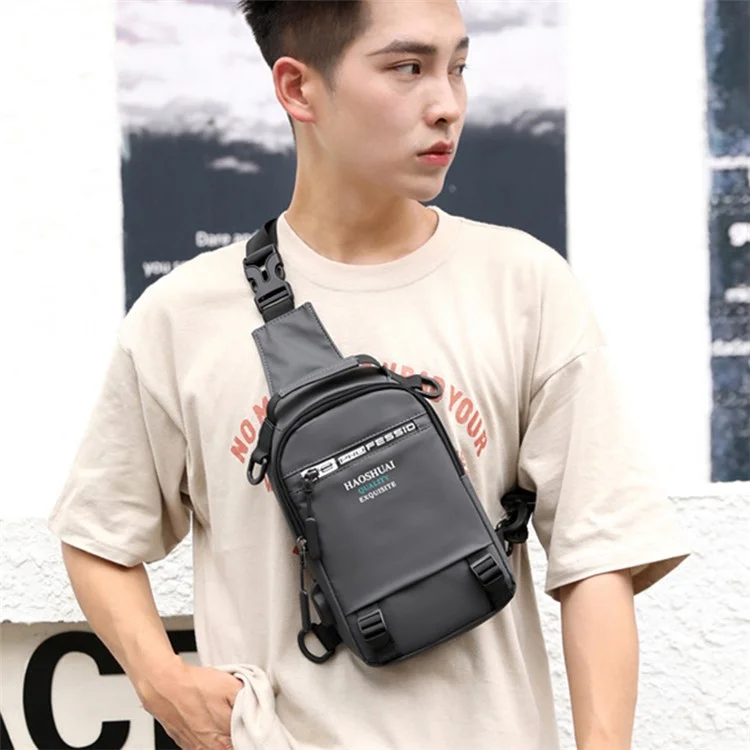 HAOSHUAI 1100-12# Sac de poitrine pour homme, grand sac à dos en nylon avec port de charge USB externe - Gris