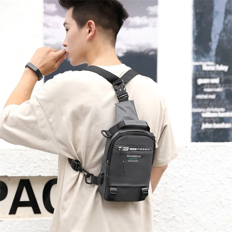 HAOSHUAI 1100-12# Sac de poitrine pour homme, grand sac à dos en nylon avec port de charge USB externe - Gris