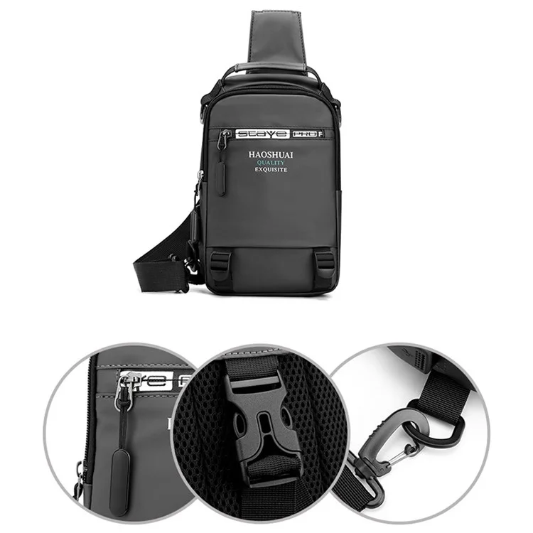HAOSHUAI 1100-12# Sac de poitrine pour homme, grand sac à dos en nylon avec port de charge USB externe - Gris