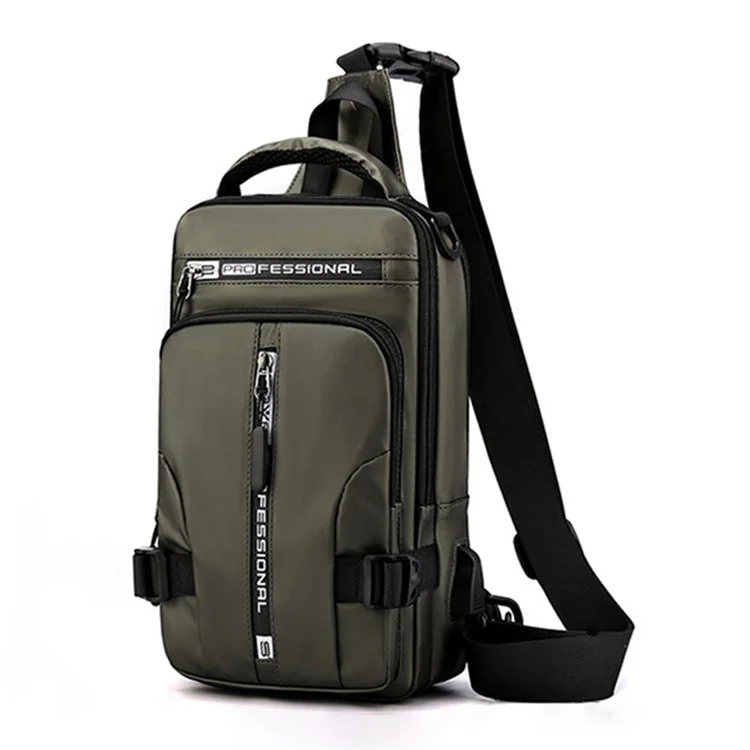 HAOSHUAI 1100-13 Mochila Cruzada de Hombro Nylon Impermeable Bolsa de Pecho Mochila Diaria con Puerto de Carga USB - Verde del Ejército