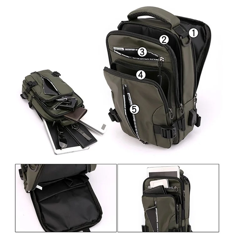 HAOSHUAI 1100-13 Mochila Cruzada de Hombro Nylon Impermeable Bolsa de Pecho Mochila Diaria con Puerto de Carga USB - Verde del Ejército