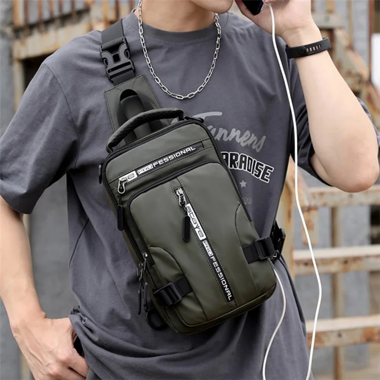 HAOSHUAI 1100-13 Mochila Cruzada de Hombro Nylon Impermeable Bolsa de Pecho Mochila Diaria con Puerto de Carga USB - Verde del Ejército