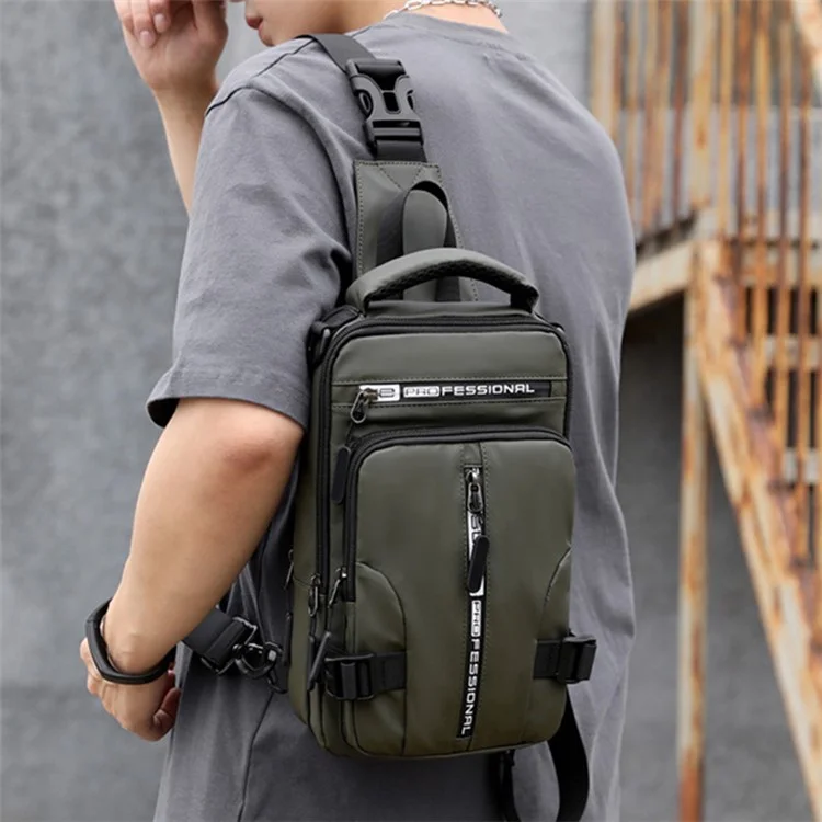 HAOSHUAI 1100-13 Mochila Cruzada de Hombro Nylon Impermeable Bolsa de Pecho Mochila Diaria con Puerto de Carga USB - Verde del Ejército