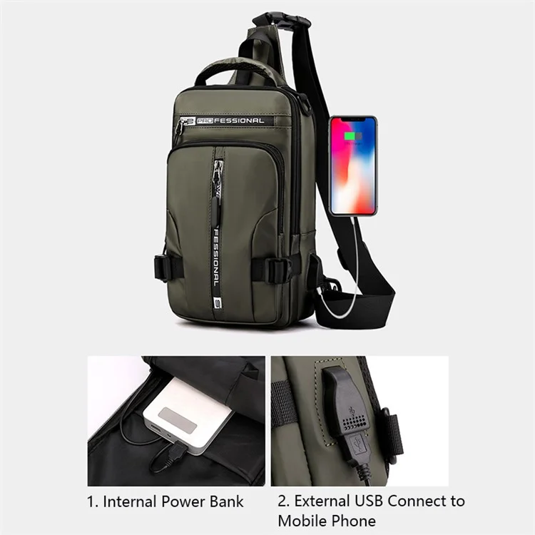 HAOSHUAI 1100-13 Mochila Cruzada de Hombro Nylon Impermeable Bolsa de Pecho Mochila Diaria con Puerto de Carga USB - Verde del Ejército