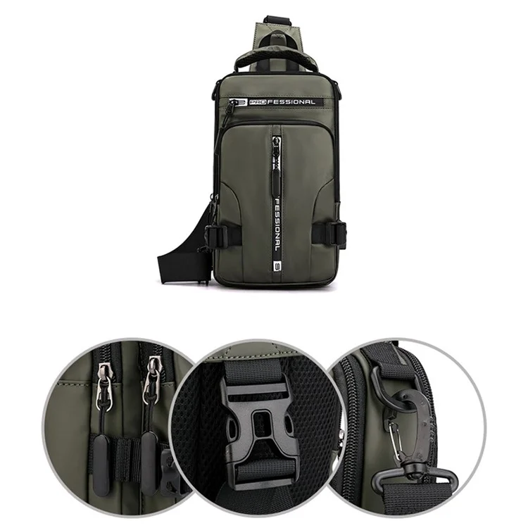HAOSHUAI 1100-13 Mochila Cruzada de Hombro Nylon Impermeable Bolsa de Pecho Mochila Diaria con Puerto de Carga USB - Verde del Ejército