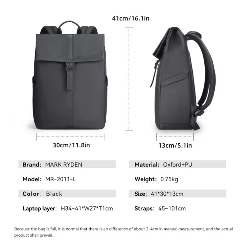 MARK RYDEN MR2011-L Men's Laptop Storage Bag Shoulders Backpack Oxford Cloth+PU Travel Bag Business Backpack