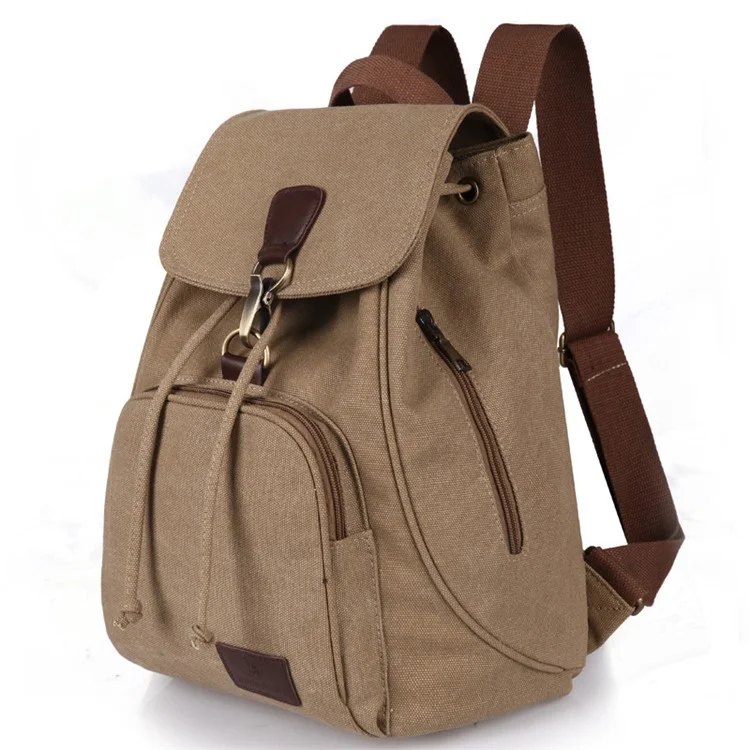 Outdoor Retro Canvas Backpack Women Drawstring Solid Color Dual Shoulder Bag - Khaki