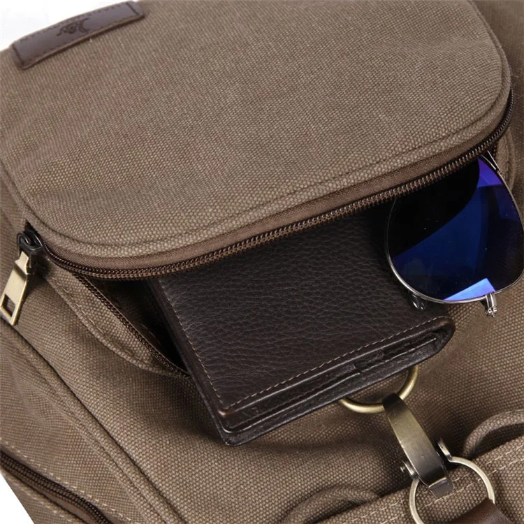 Outdoor Retro Canvas Backpack Women Drawstring Solid Color Dual Shoulder Bag - Khaki