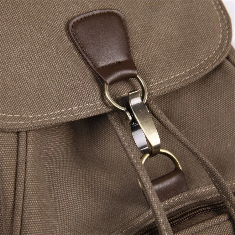 Outdoor Retro Canvas Backpack Women Drawstring Solid Color Dual Shoulder Bag - Khaki