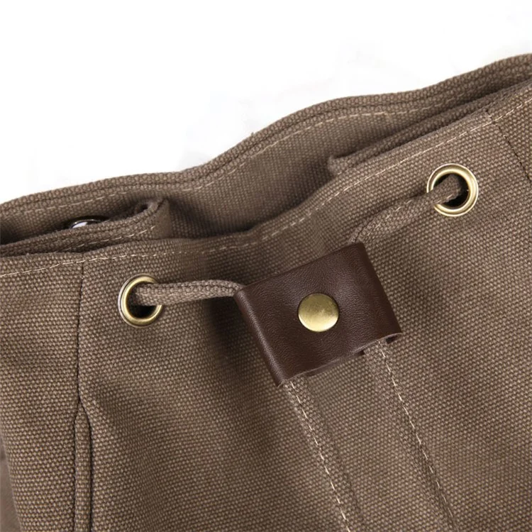Outdoor Retro Canvas Backpack Women Drawstring Solid Color Dual Shoulder Bag - Khaki