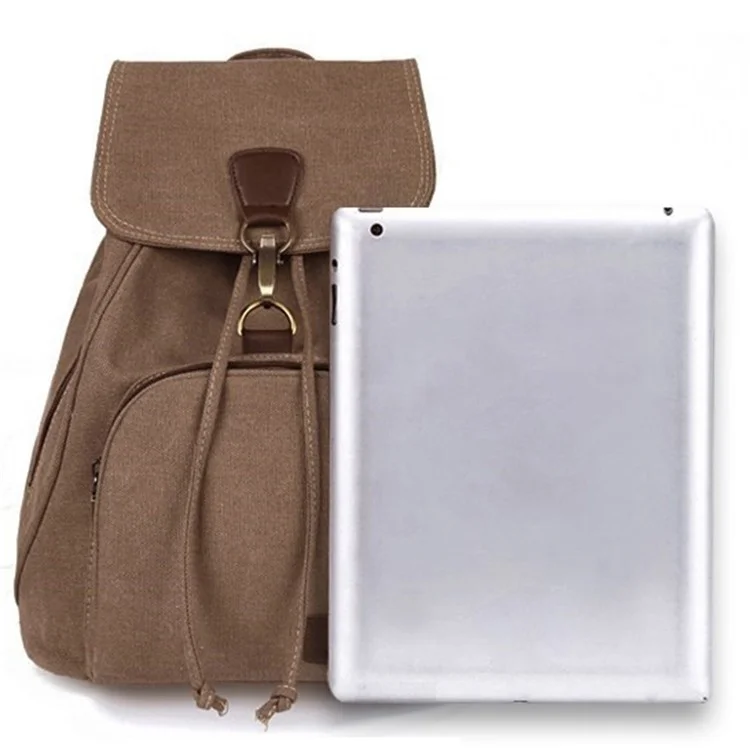 Outdoor Retro Canvas Backpack Women Drawstring Solid Color Dual Shoulder Bag - Khaki
