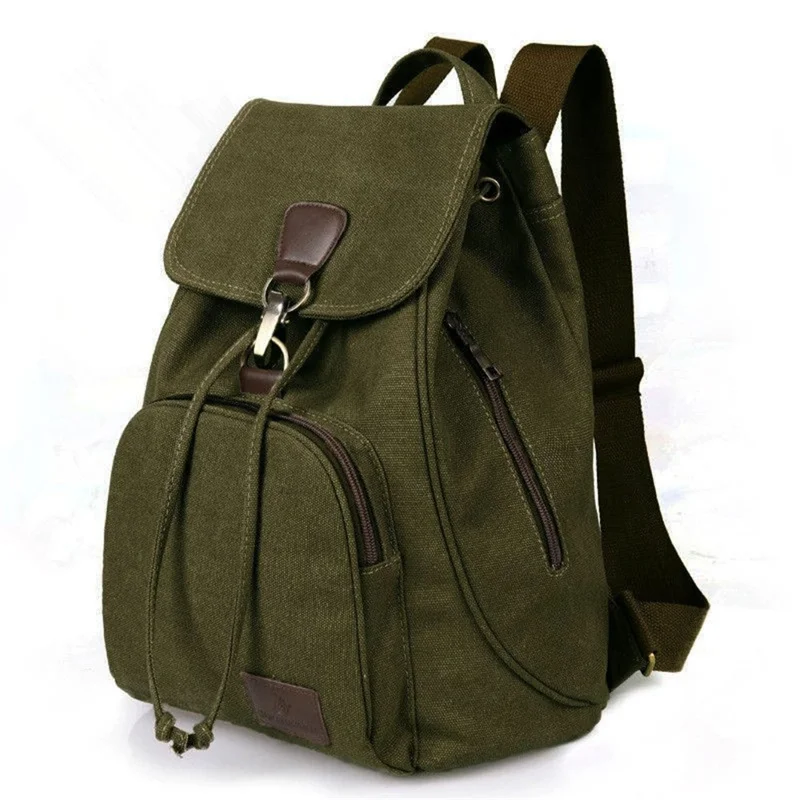 Outdoor Retro Canvas Backpack Women Drawstring Solid Color Dual Shoulder Bag - Army Green