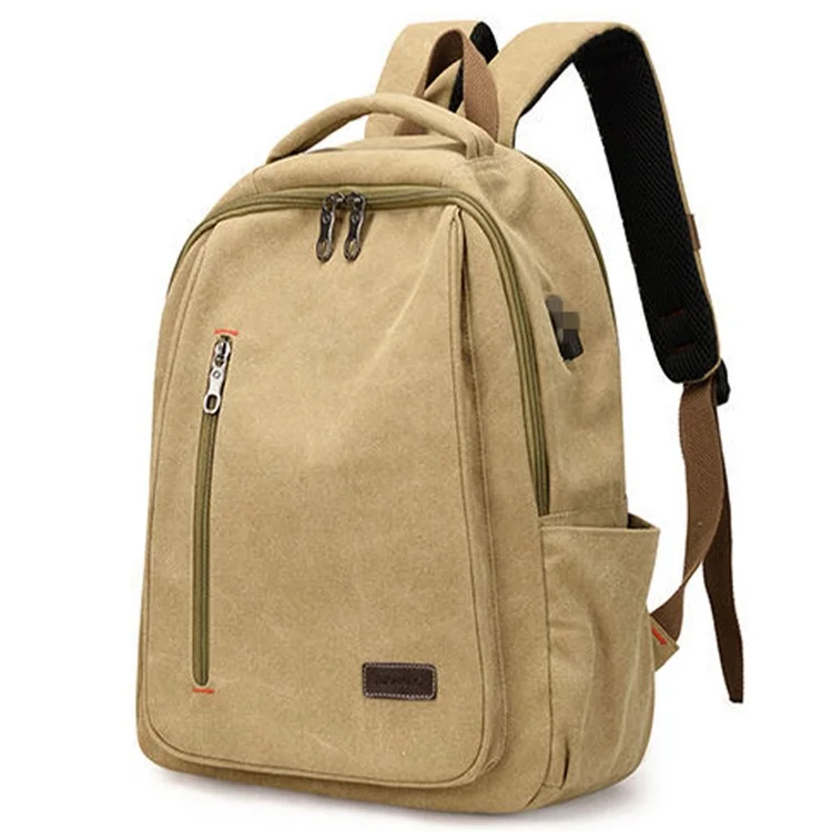XUANLONG Beiläufiger Leinwand-Rucksack Laptop Tagesrucksack Schulrucksack mit externer USB-Ladestation - Khaki