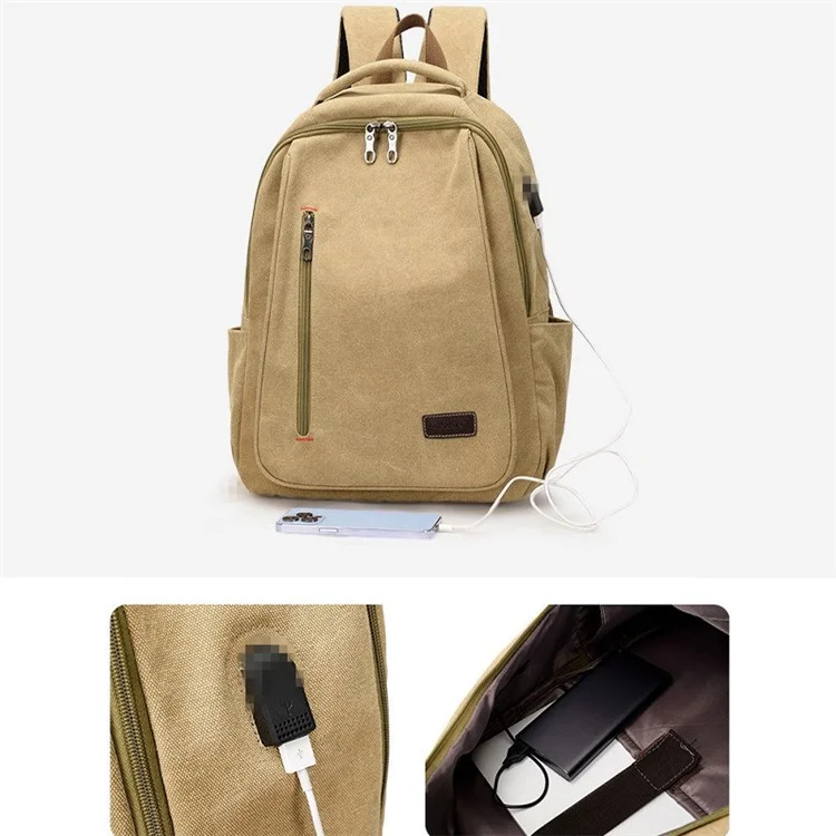 XUANLONG Beiläufiger Leinwand-Rucksack Laptop Tagesrucksack Schulrucksack mit externer USB-Ladestation - Khaki