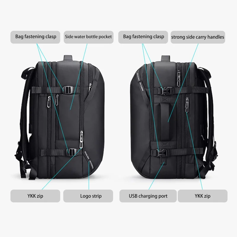 MARK RYDEN MR9993KR 43L Business Men Oxford Cloth Backpack Regolabile Capacità 17.3-inch Laptop Dual Shoulders Bag - Nero