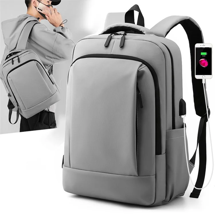 Mochila de Viaje Informal para Hombres Mochila de Nailon con Puerto de Carga USB - Gris