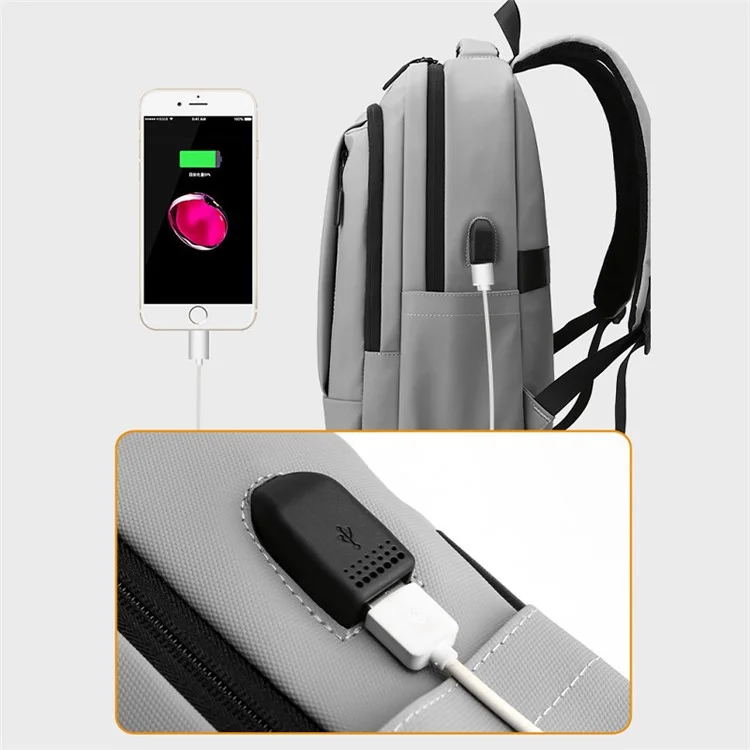 Mochila de Viaje Informal para Hombres Mochila de Nailon con Puerto de Carga USB - Gris