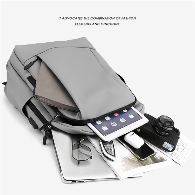 Mochila de Viaje Informal para Hombres Mochila de Nailon con Puerto de Carga USB - Gris