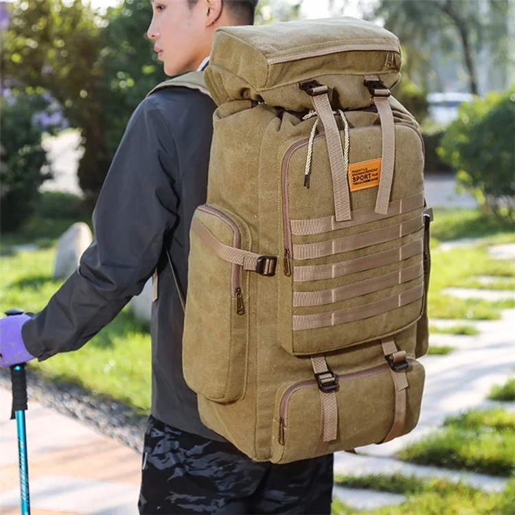 80L Multifunction Canvas Backpack Drawstring Bag Outdoor Hiking Trekking Rucksack - Black