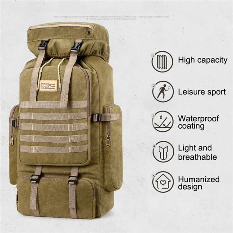80L Multifunction Canvas Backpack Drawstring Bag Outdoor Hiking Trekking Rucksack - Black