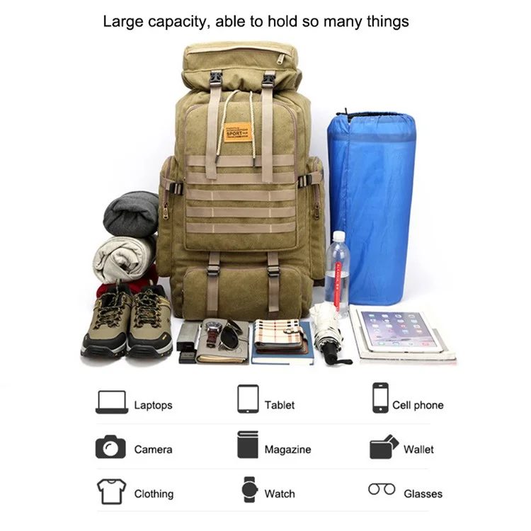80L Multifunction Canvas Backpack Drawstring Bag Outdoor Hiking Trekking Rucksack - Black