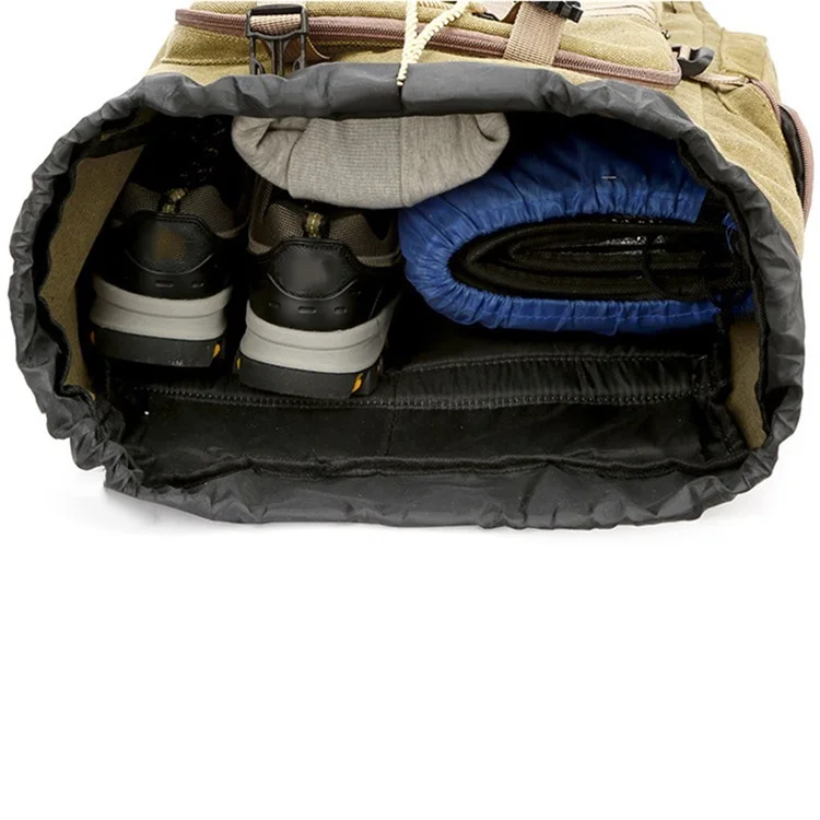 80L Multifunction Canvas Backpack Drawstring Bag Outdoor Hiking Trekking Rucksack - Black