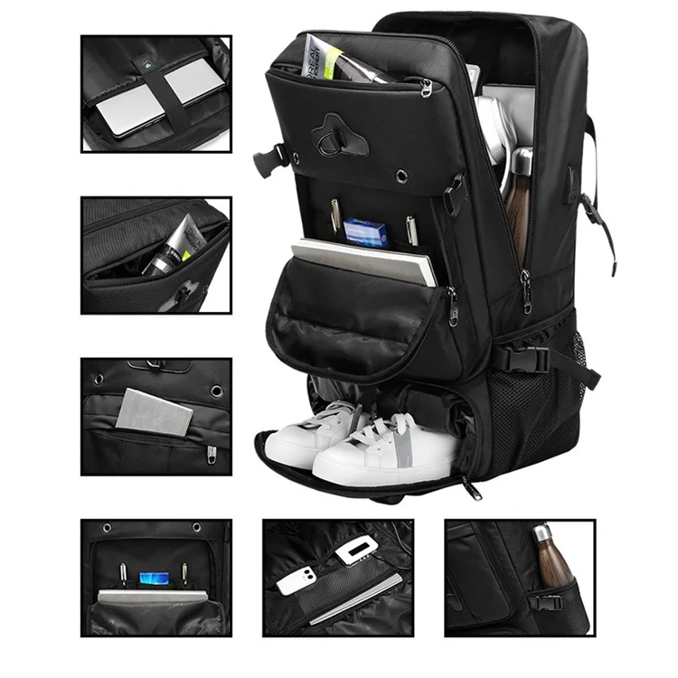 MINGLU 2070 Wasserdichter Oxford-Tuch-Schultertasche Laptop-Aufbewahrungsrucksack Großer 56-75L-Tagesrucksack mit Trocken-Nass-Trennung-Design - Schwarz
