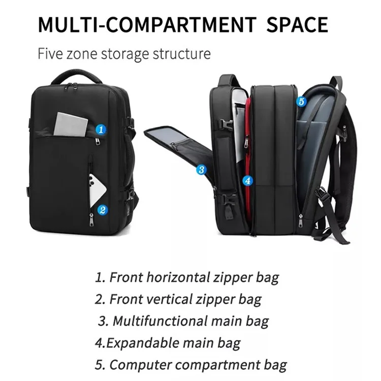 MINGLU 1055 Polyester+Oxford Cloth Laptop Backpack USB Port Outside Travel Bag Expandable Capacity Shoulders Bag