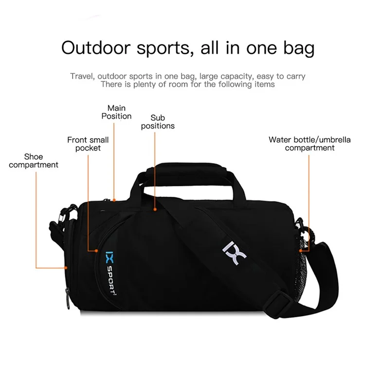 OUTDOOR INOXTO Polyester Gym Bag Trocknen und Feuchten Abteilungstasche Sportduffel Kurzurlaub Campingtasche - Schwarz