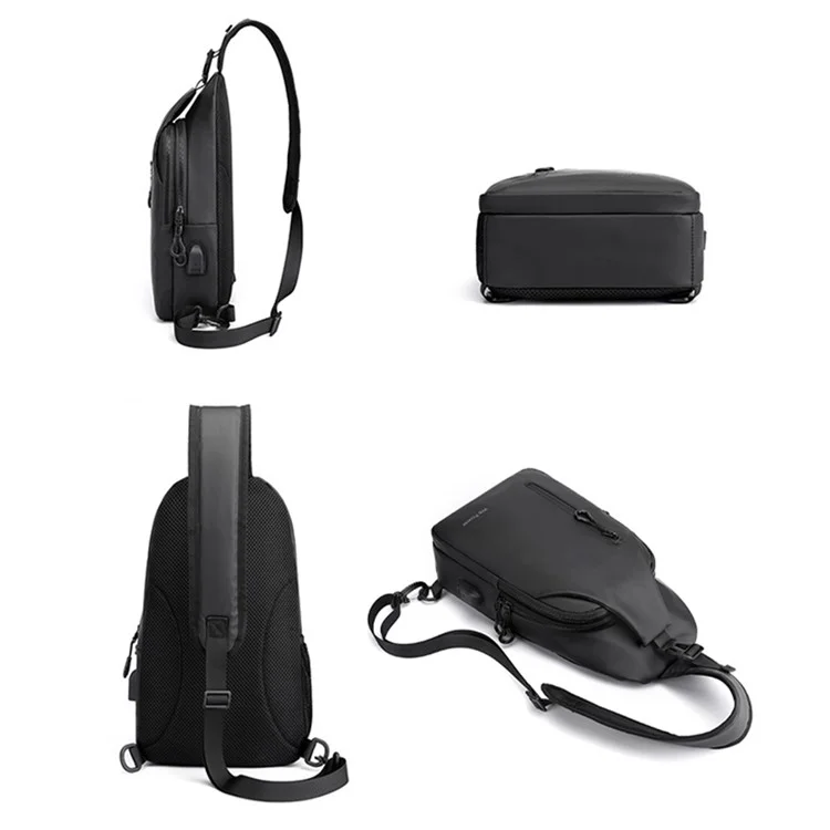 WEPOWER 1100-34 Lässige Nylon-Umhängetasche für Herren, kleine Brusttasche mit externem USB-Anschluss - Schwarz
