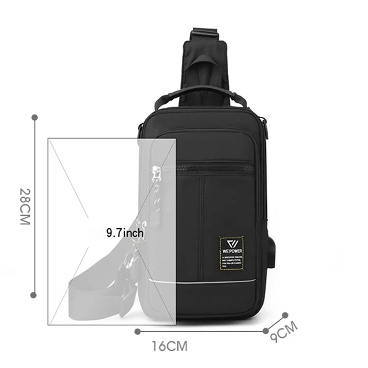 WEPOWER 5808 Bolsa de Peito Impermeável de Nylon Masculina Casual de Ombro Único com Porta USB - Preto