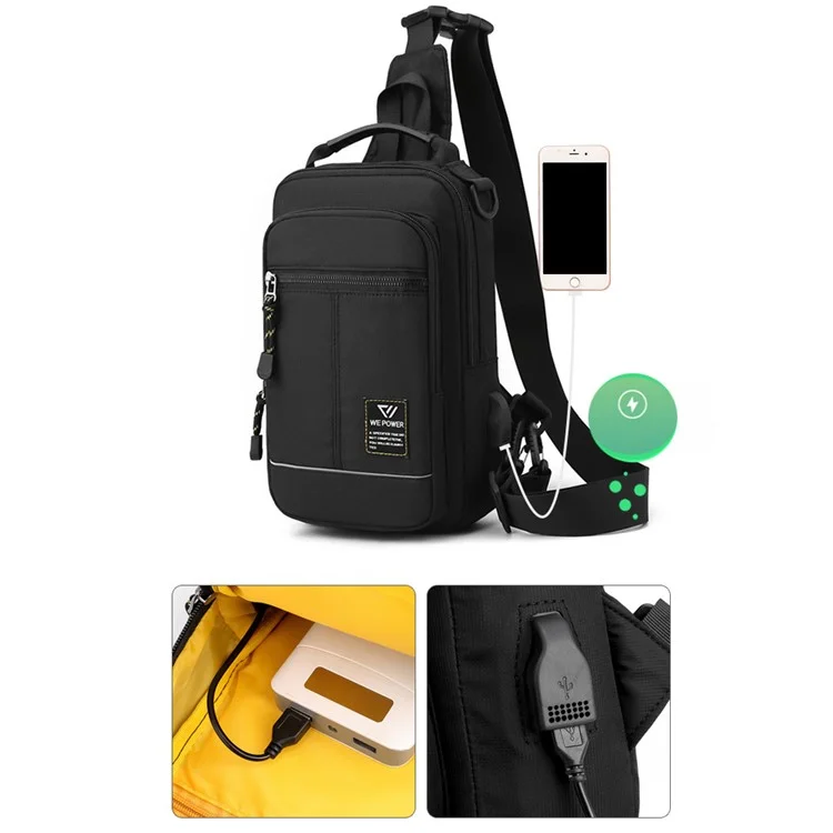 WEPOWER 5808 Bolsa de Peito Impermeável de Nylon Masculina Casual de Ombro Único com Porta USB - Preto