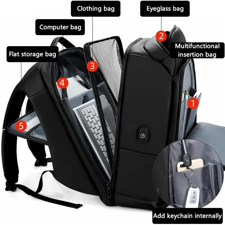 Sac à bandoulière de voyage pour homme EURCOOL 1755 avec port USB externe, version améliorée - Noir