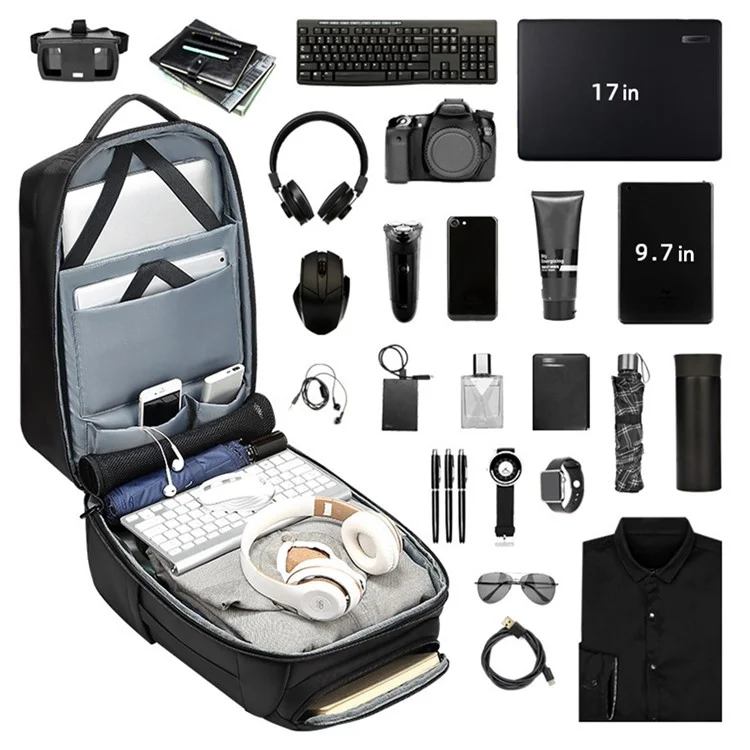 EURCOOL EC-0007 Laptop Backpack Nylon + Polyester Travel Shoulders Bag with External USB Port - Black