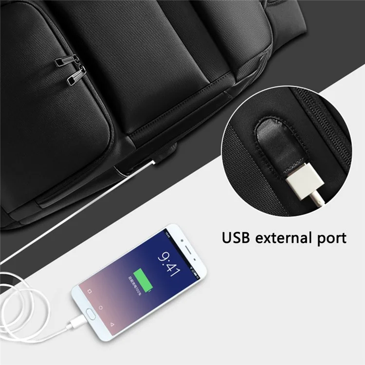 EURCOOL EC-0007 Laptop Backpack Nylon + Polyester Travel Shoulders Bag with External USB Port - Black
