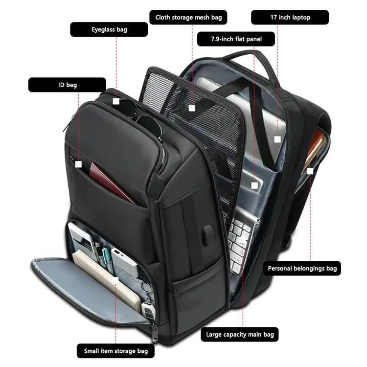 EURCOOL EC-0007 Laptop Backpack Nylon + Polyester Travel Shoulders Bag with External USB Port - Black
