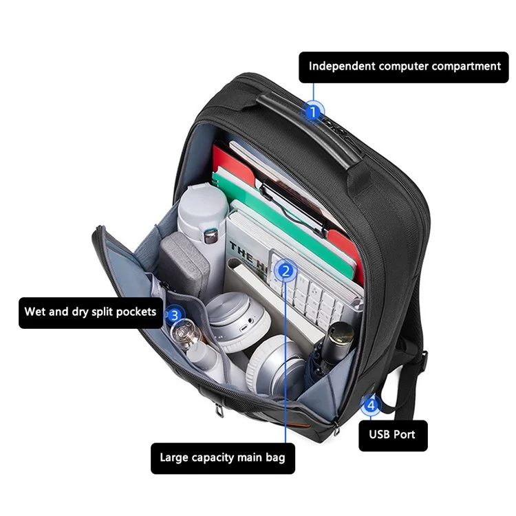 EURCOOL 8811 USB Design Dual Shoulders Bag Oxford Cloth + Polyester Laptop Backpack Travel Daypack - Black
