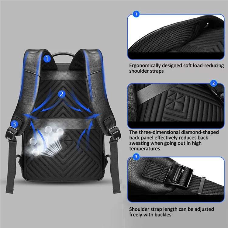 EURCOOL 8808 Primeira Camada de Couro de Vaca Mochila de Negócios Masculina Laptop Bag Dupla Bolsa de Ombro Daypack