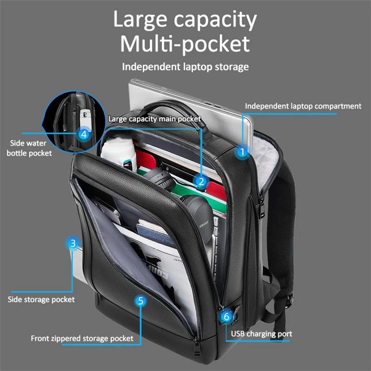 EURCOOL 8808 Primeira Camada de Couro de Vaca Mochila de Negócios Masculina Laptop Bag Dupla Bolsa de Ombro Daypack