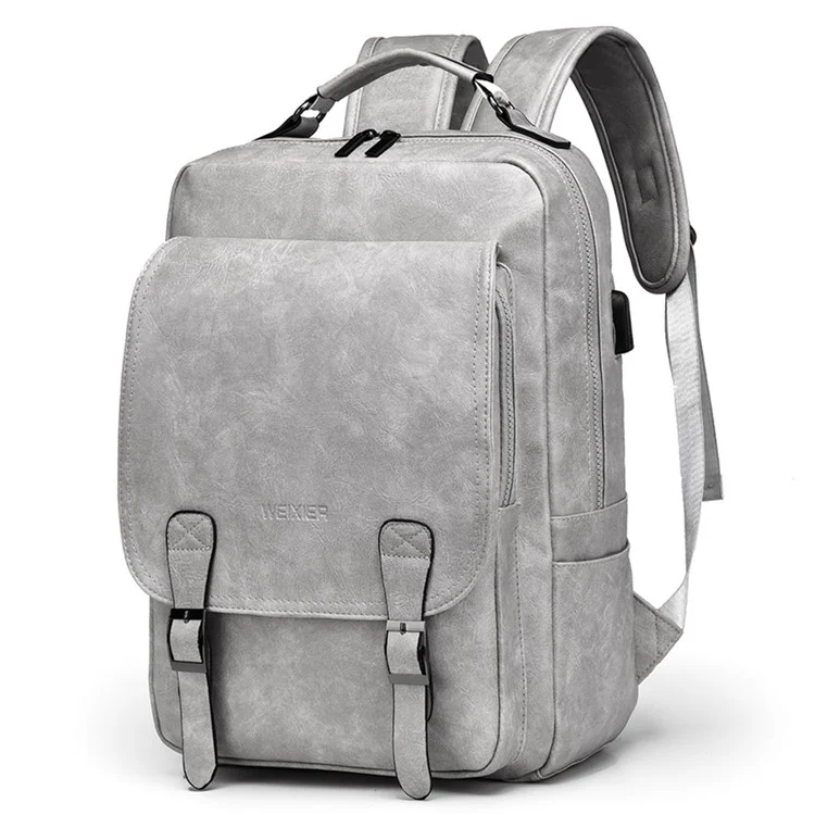 WEIXIER B677 Mochila de Couro de PU com Porta USB para Homens Bolsa de Viagem com Ombros Duplos - Cinza