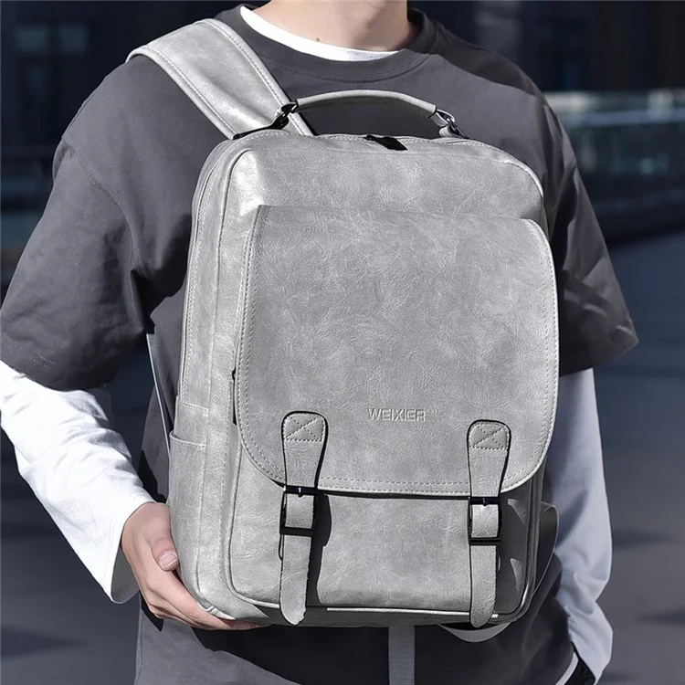 WEIXIER B677 Mochila de Couro de PU com Porta USB para Homens Bolsa de Viagem com Ombros Duplos - Cinza
