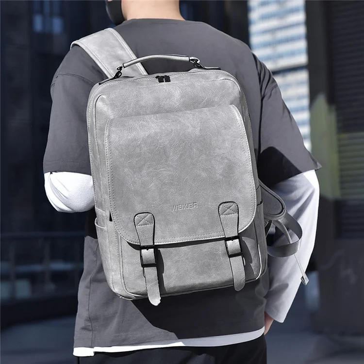 WEIXIER B677 Mochila de Couro de PU com Porta USB para Homens Bolsa de Viagem com Ombros Duplos - Cinza